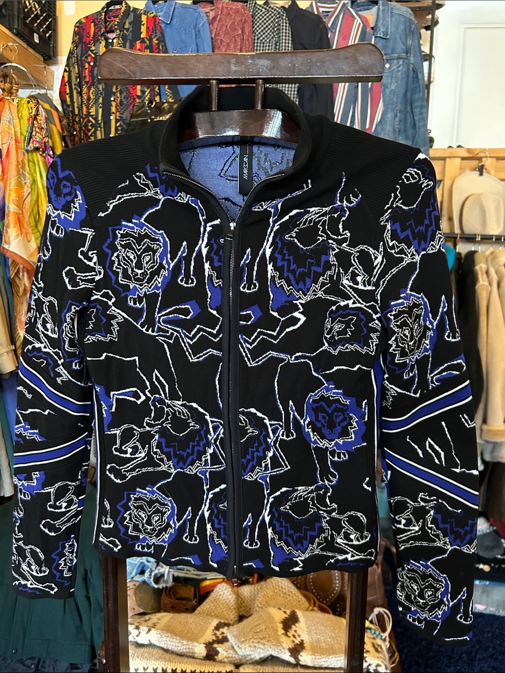 Marc Cain Black, Blue & White Lion Patterned Knit Cardigan